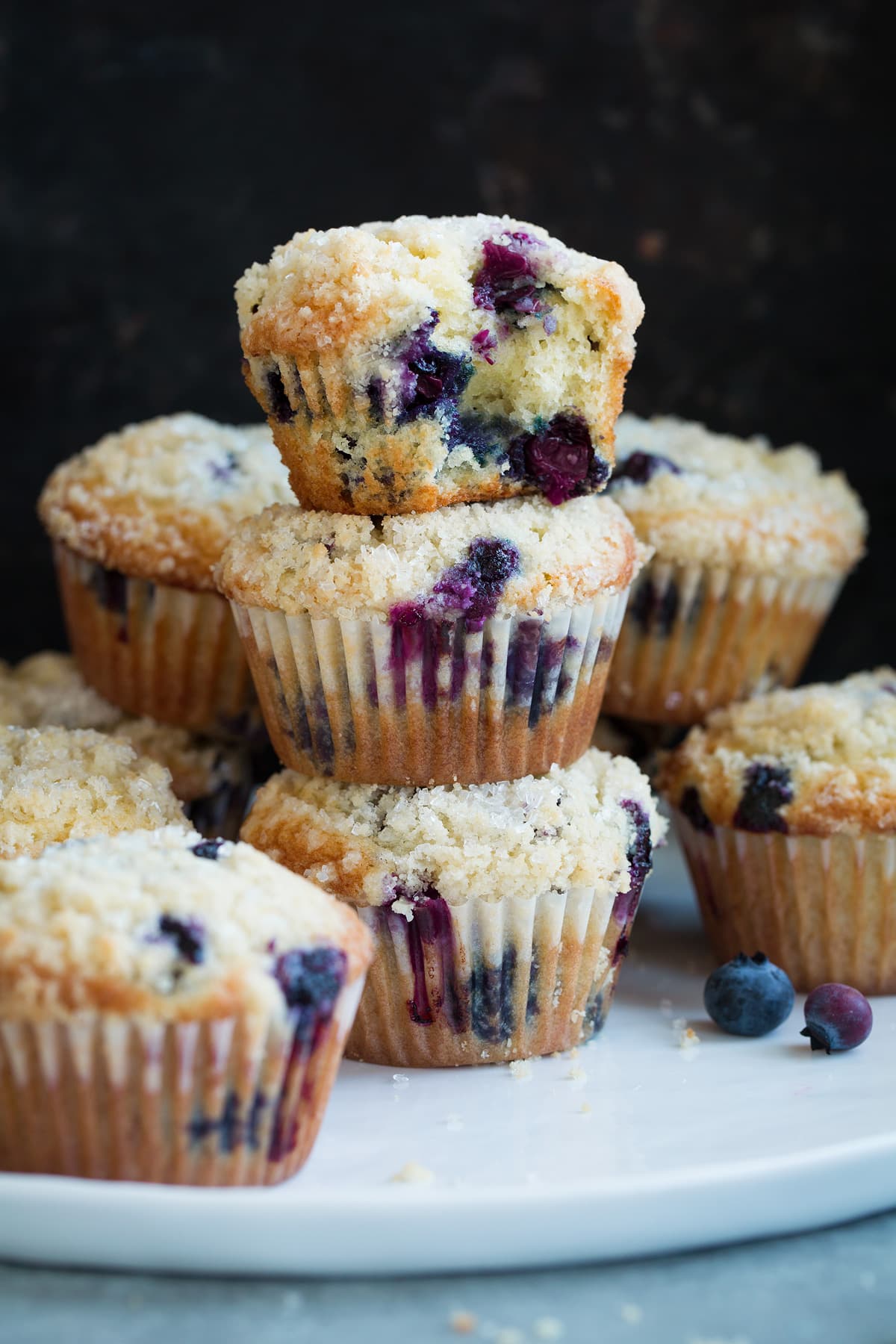 Stack of homemade blueberry muffins on a plate.