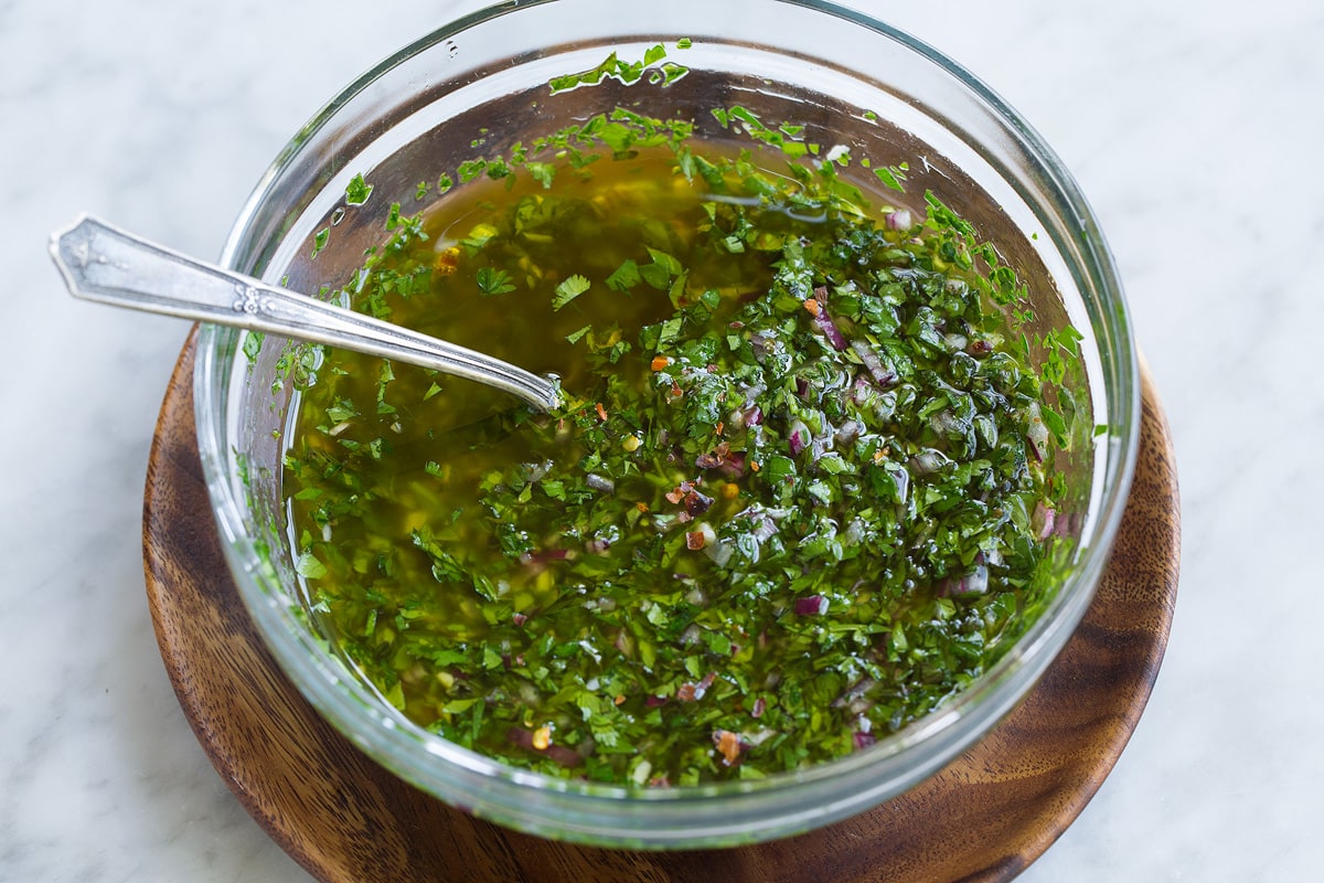 Showing what homemade chimichurri sauce looks like once finished preparing.