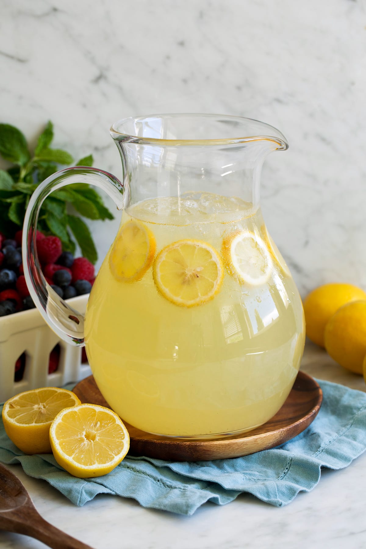 Lemonade in a large glass pitcher.