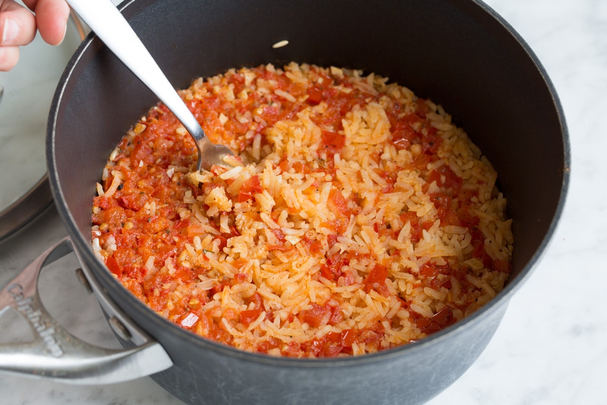 Mexican rice after it has cooked.