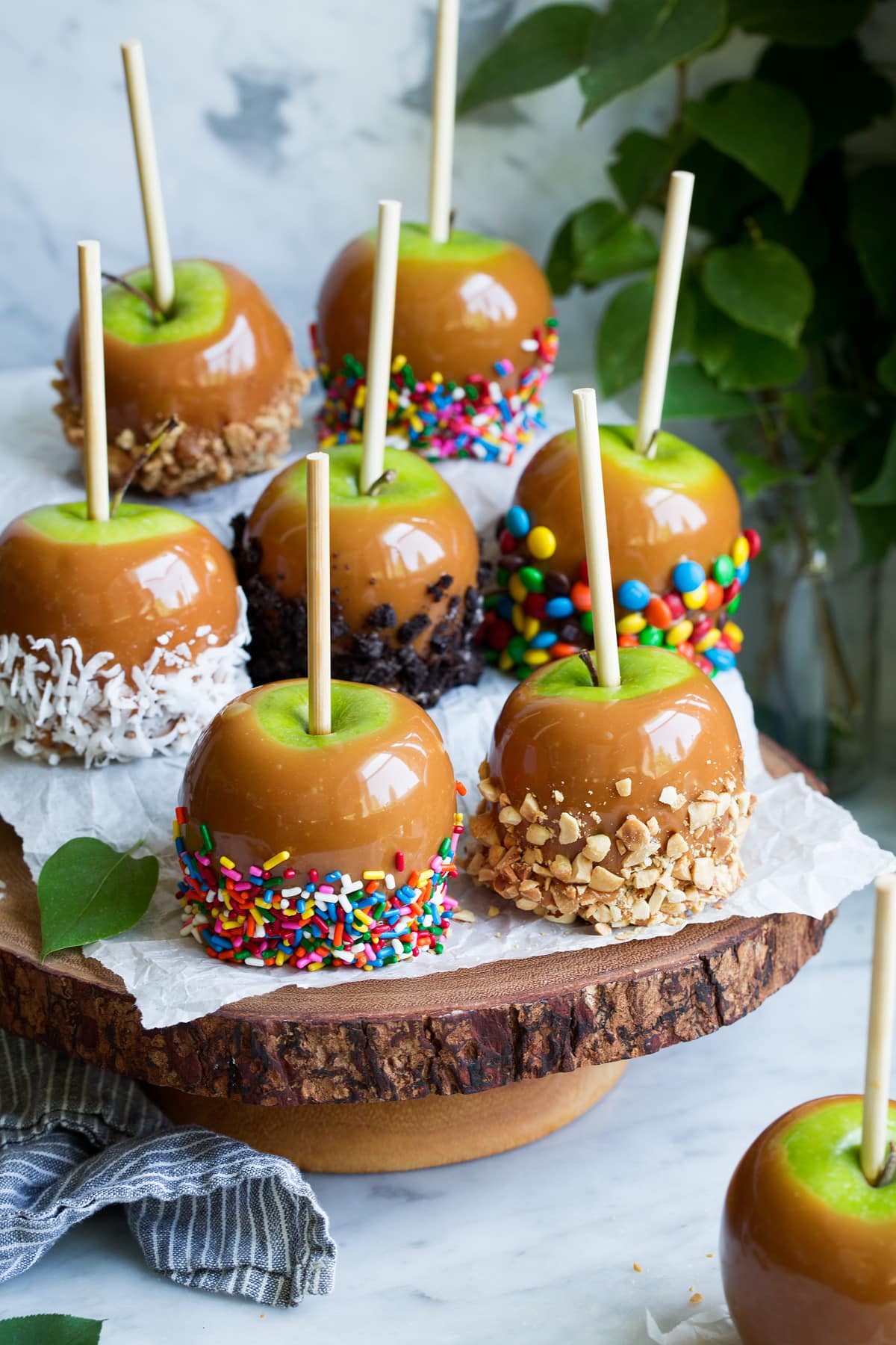 Caramel apples on a wooden cake stand. Apples are coated with various toppings.