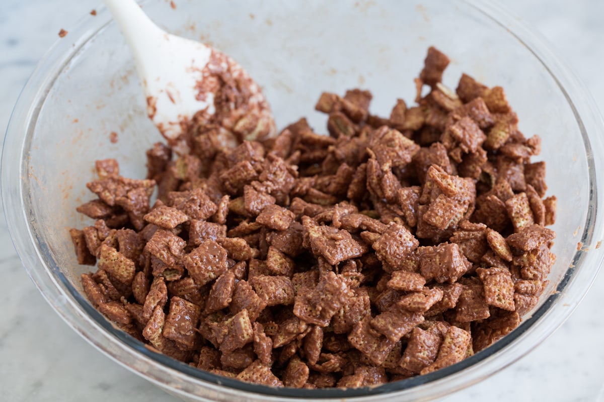 Crispy rice cereal coated with melted chocolate peanut butter mixture.