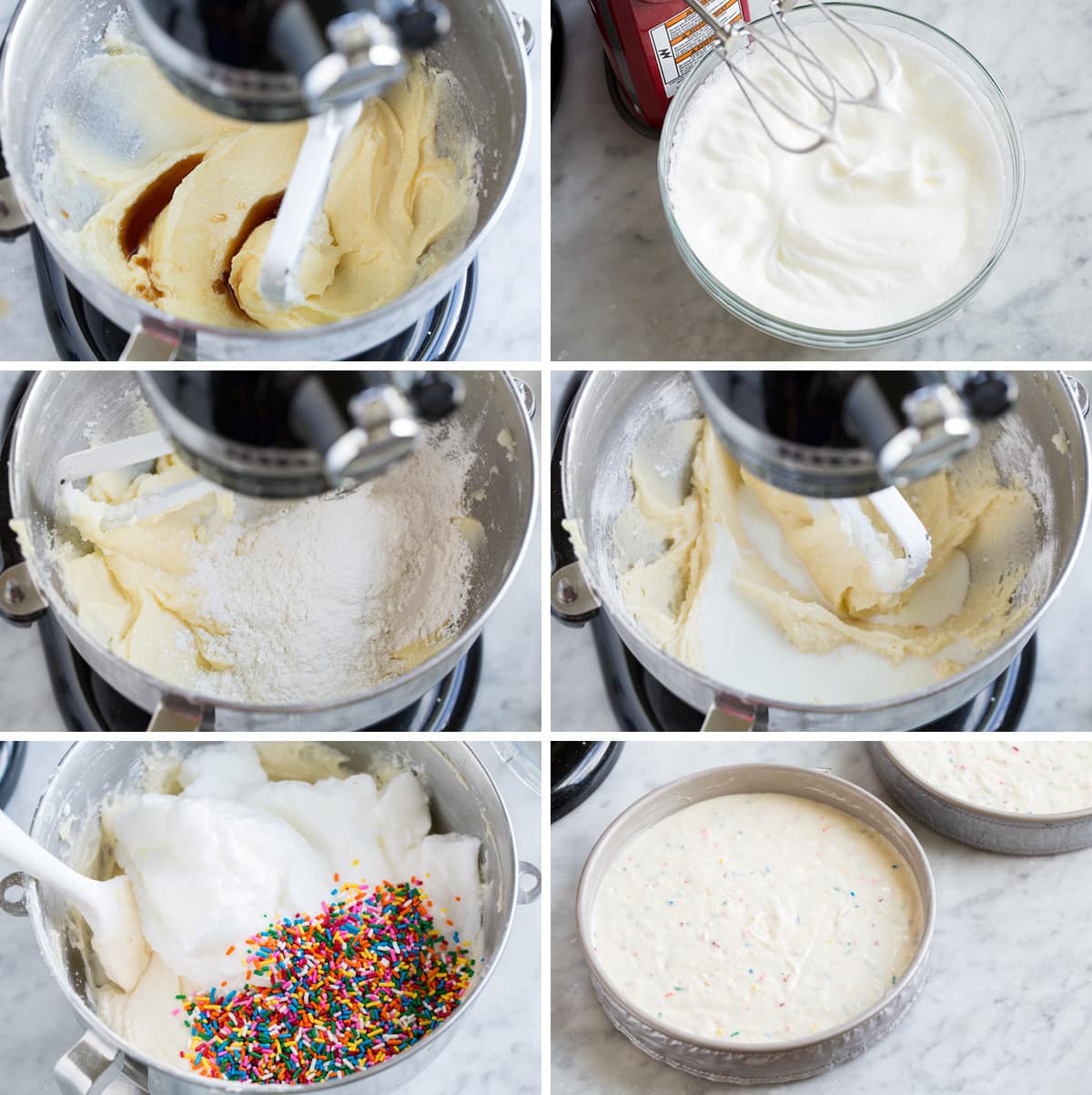 Showing more steps to make the best birthday cake including adding vanilla, whipping egg whites, adding flour mixture, milk mixture, egg whites and sprinkles to batter.