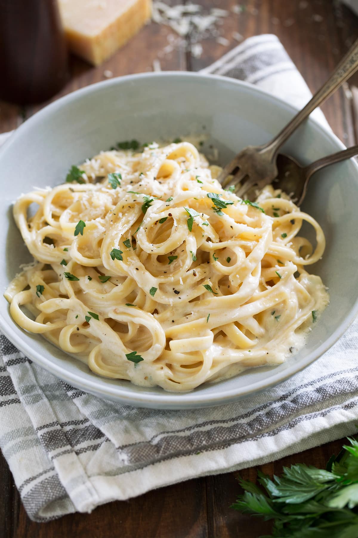 Bowl of fettuccine pasta with alfredo sauce.