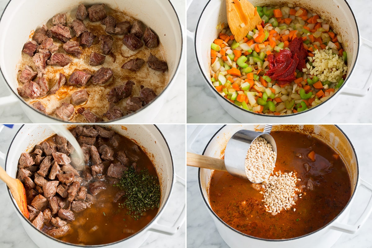 Image showing four steps of making beef and barley soup.