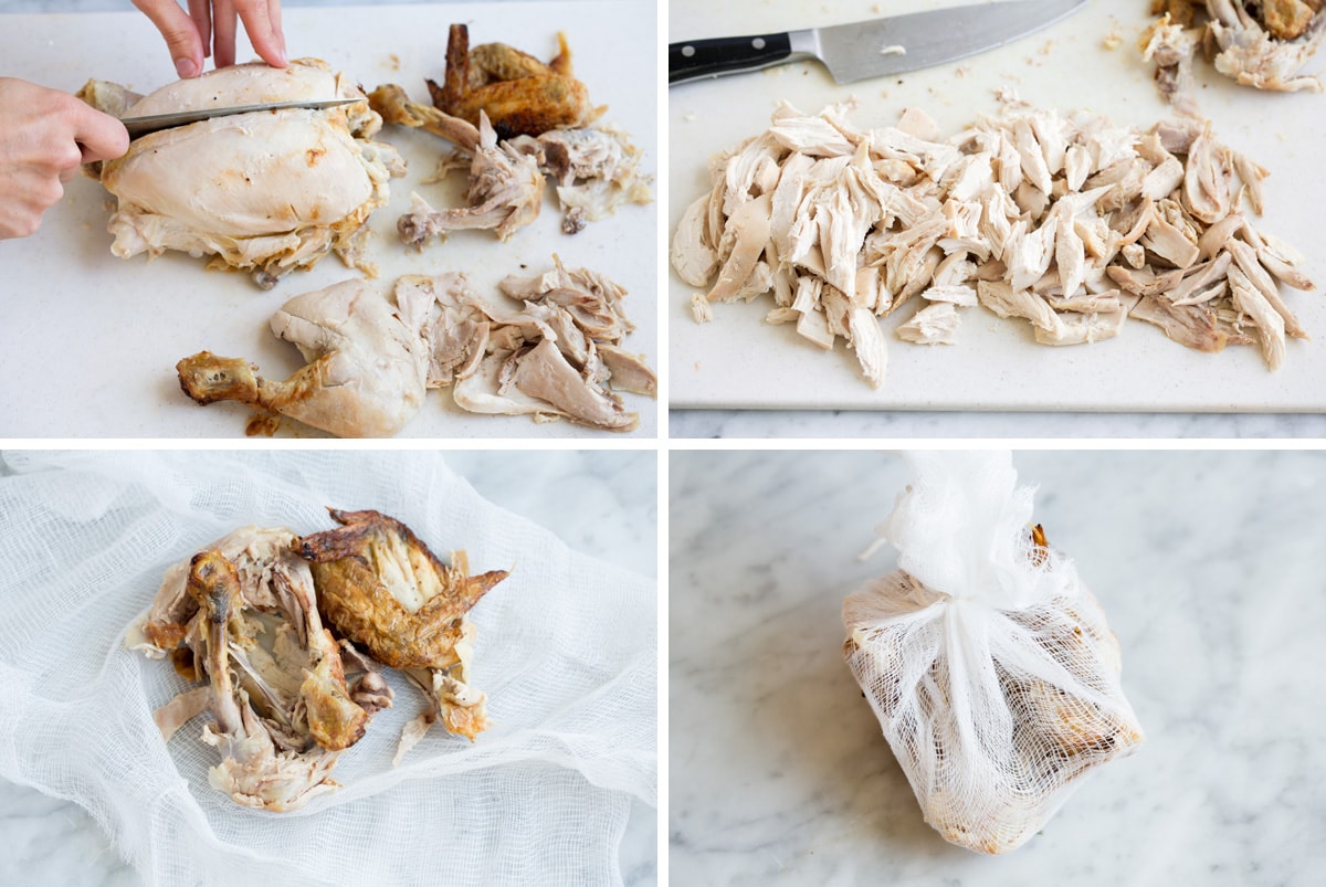 Cutting rotisserie chicken, shredding chicken into pieces, adding chicken bones to cheesecloth to simmer in soup.