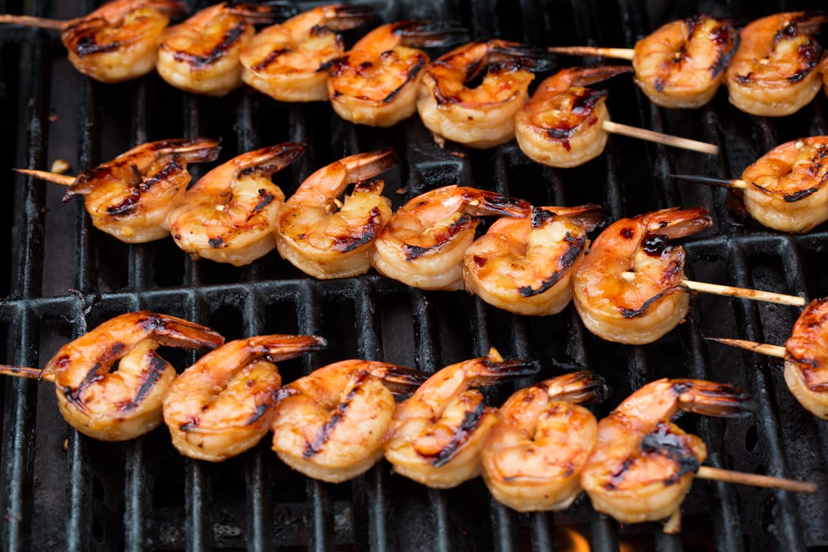 Shrimp skewers on the grill.