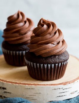 Chocolate buttercream frosting on top of chocolate cupcake