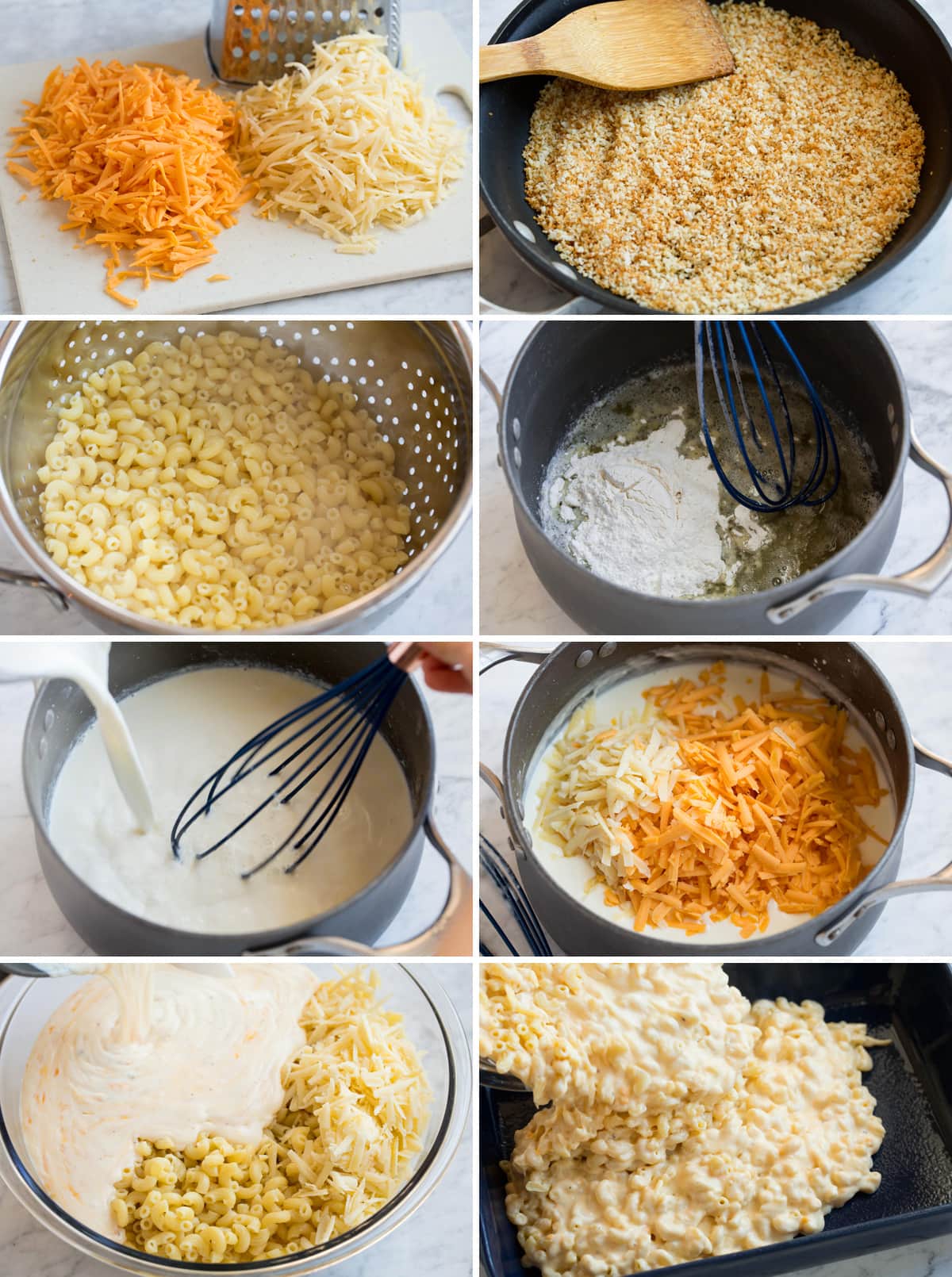 Showing steps to make baked macaroni and cheese.