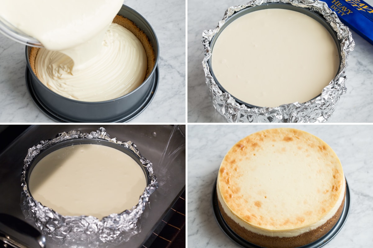 Steps to preparing cheesecake for baking and shown after baking.