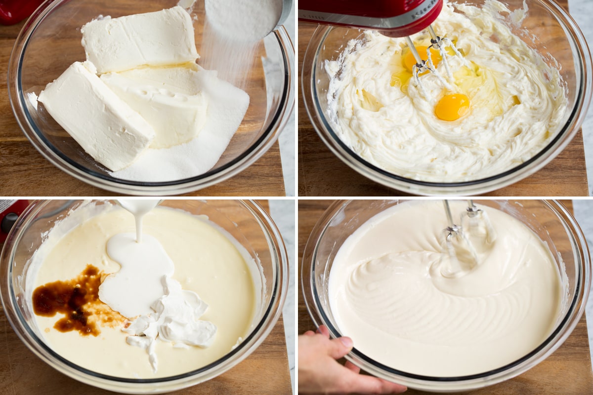 Showing steps to making cheesecake filling.