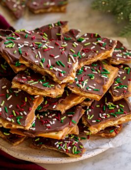 Christmas Crack layered on a serving plate.