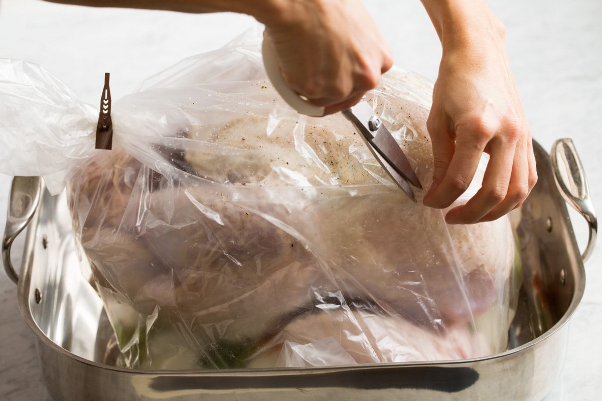 Cutting slits in an oven bag with a large turkey inside.