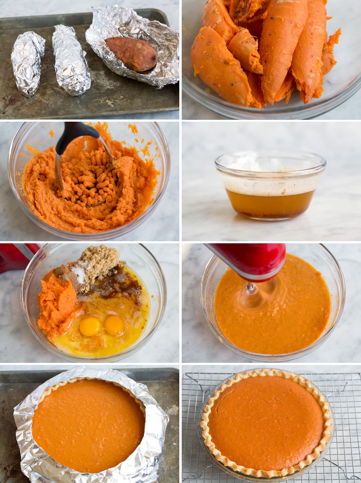 Steps showing how to make sweet potato pie.