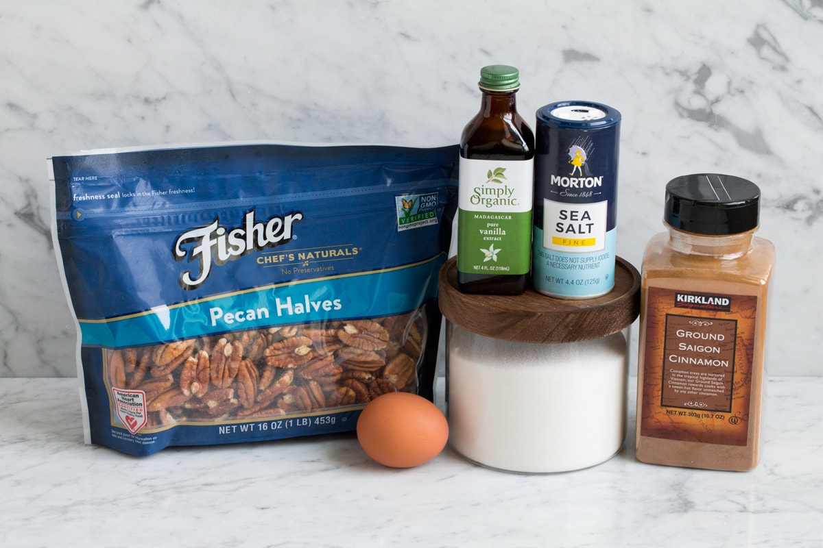 Ingredients needed to make candied pecans shown here.