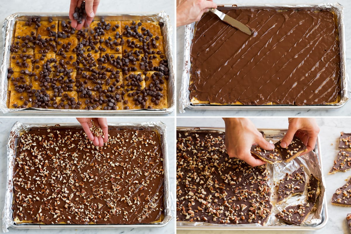 Steps to finish Christmas crack with chocolate and pecans and breaking.