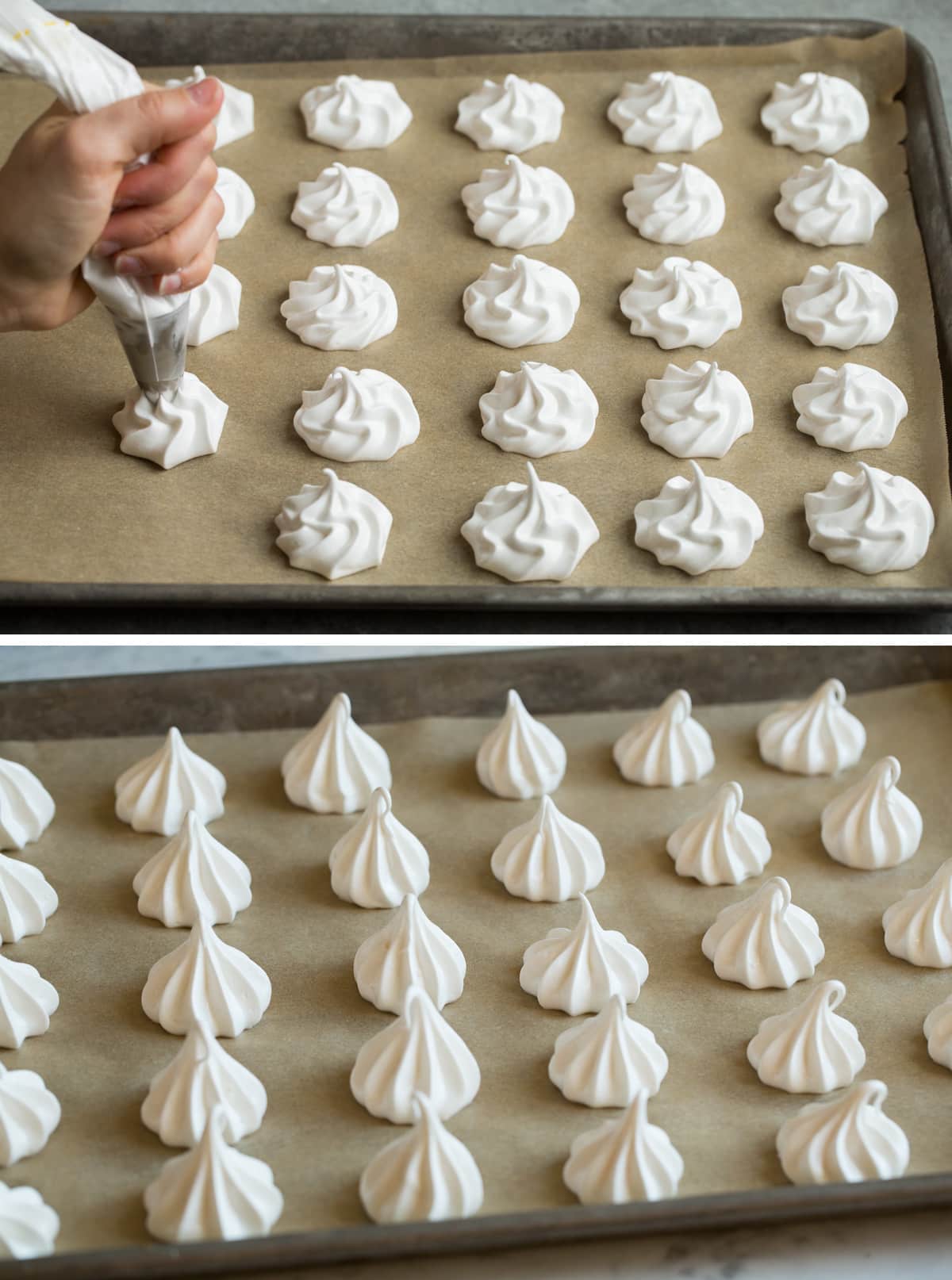 Piping meringue cookies onto baking sheets. Image showing two piping designs.