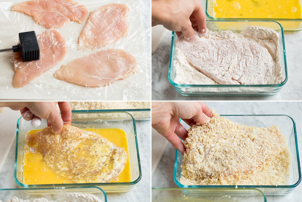Collage of four photos showing how to make parmesan crusted chicken. Includes pounding chicken thinner with a meat mallet, dredging in flour, coating in egg, then covering with parmesan panko mixture.