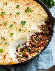 Close up image of Shepard's Pie in a cast iron skillet.