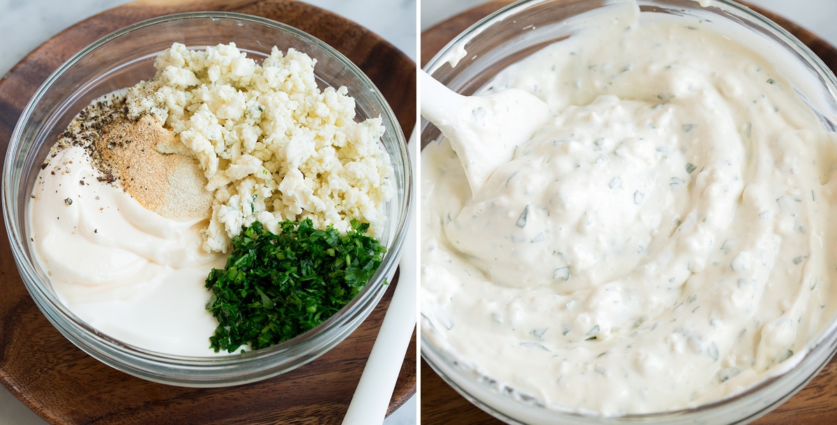 Blue cheese dip shown before and after mixing ingredients in glass mixing bowl.