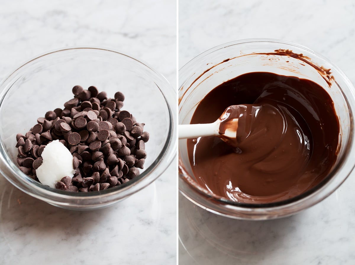Image on the left showing chocolate chips and coconut oil in a glass mixing bowl before melting, image on the right showing after melting.