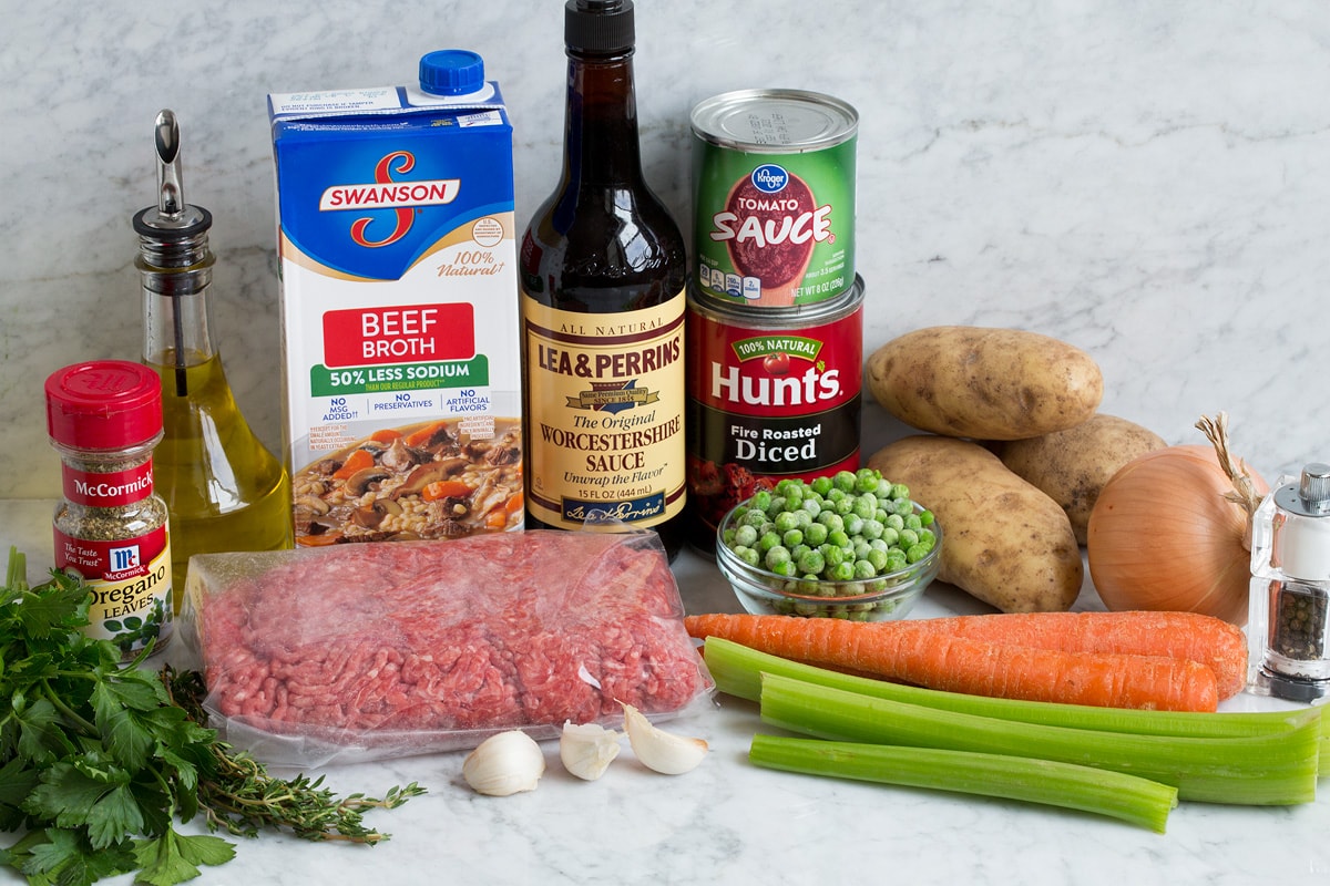 Ingredients that go into hamburger soup shown here.