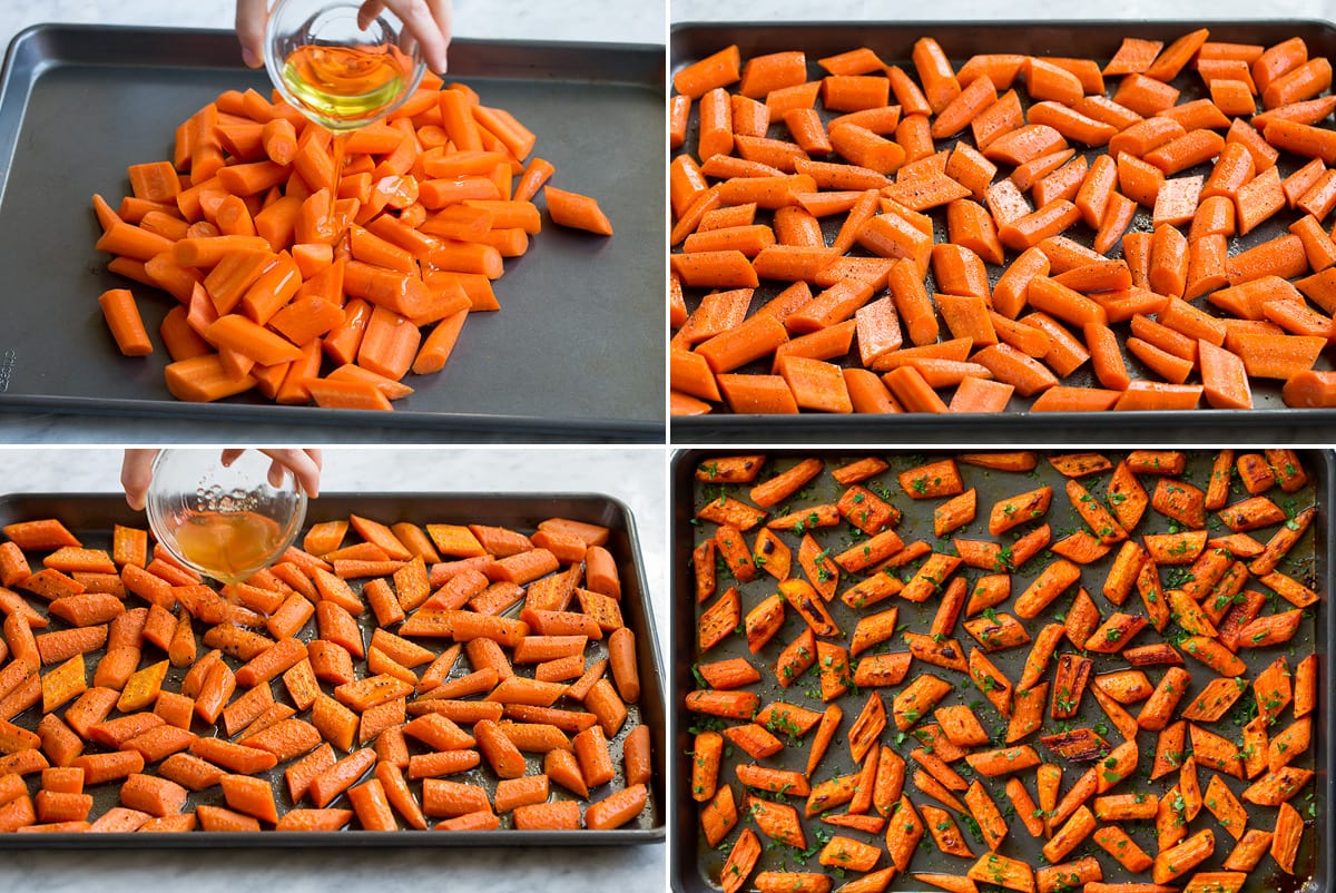 Photo: Collage of four images showing steps to preparing carrots for roasting on a baking sheet.
