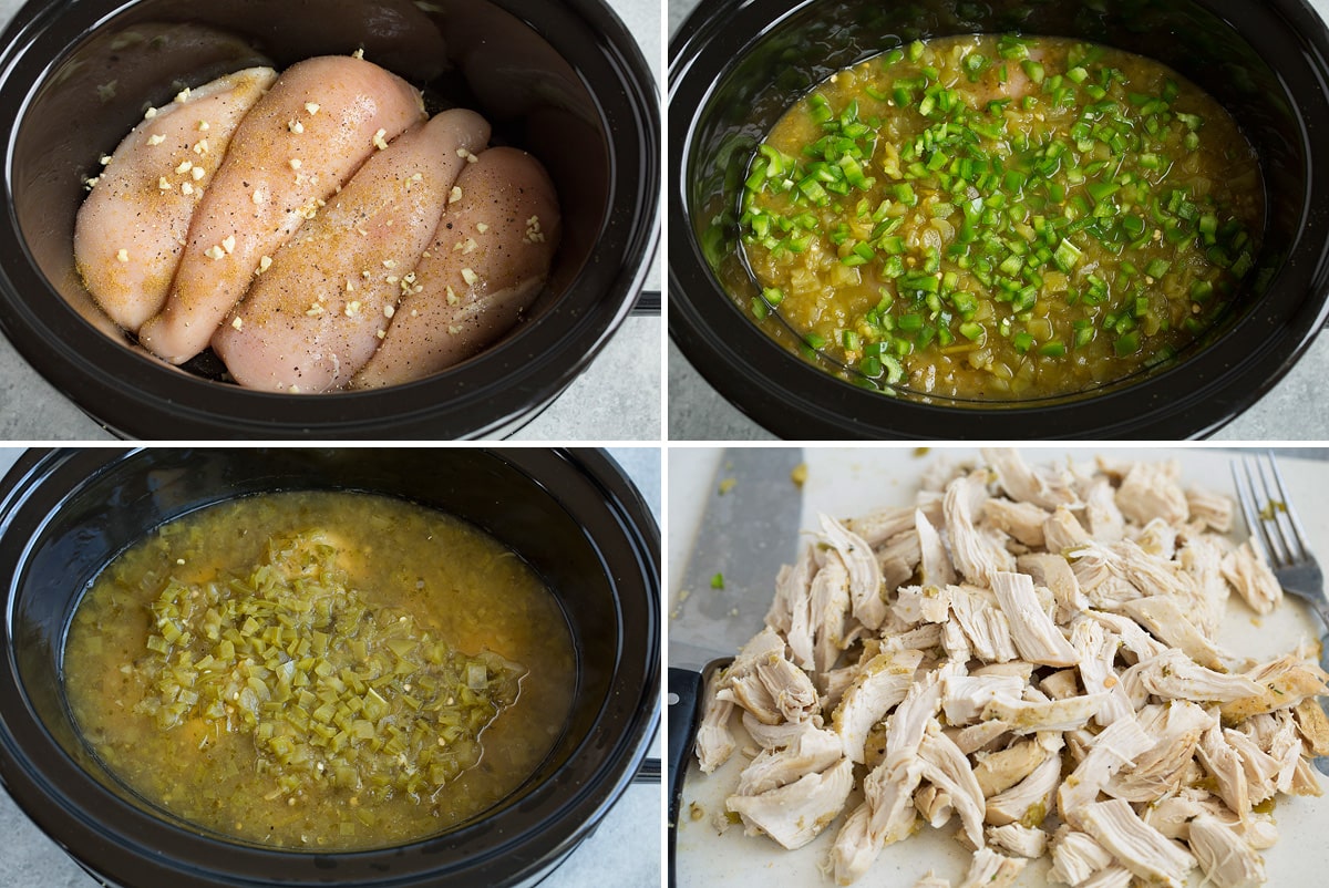 Image of steps showing how to make salsa verde chicken in a slow cooker.