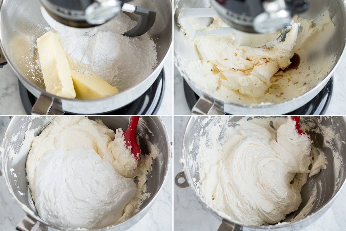 Steps 1 - 4 making whoopie pie marshmallow cream filling in mixer bowl.