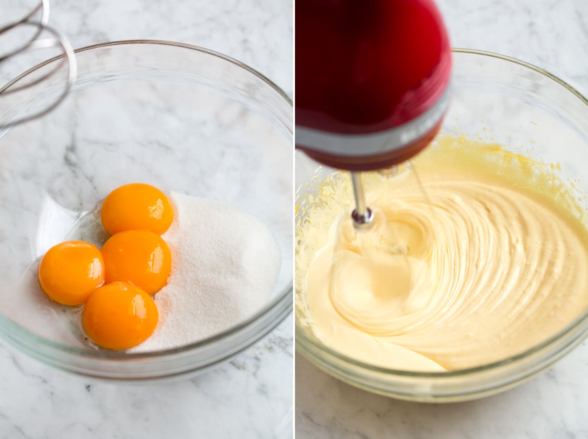 Mixing egg yolks and sugar with electric mixer.