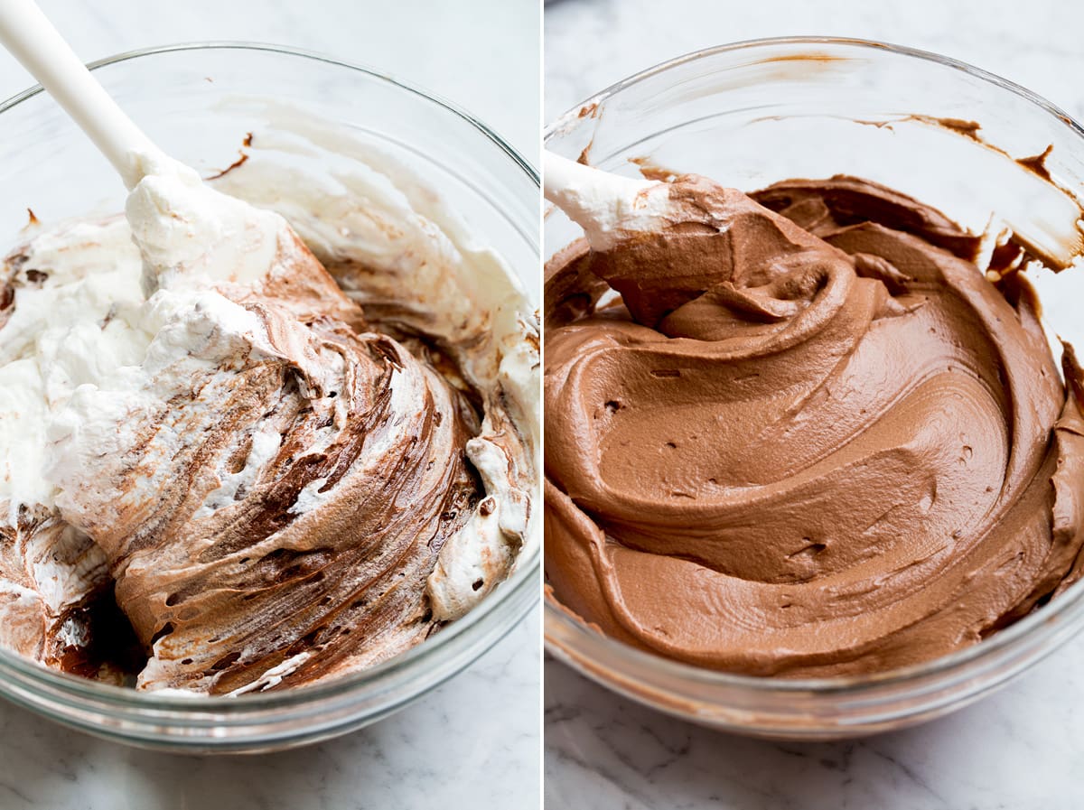 Folding whipped cream into chocolate mousse mixture.