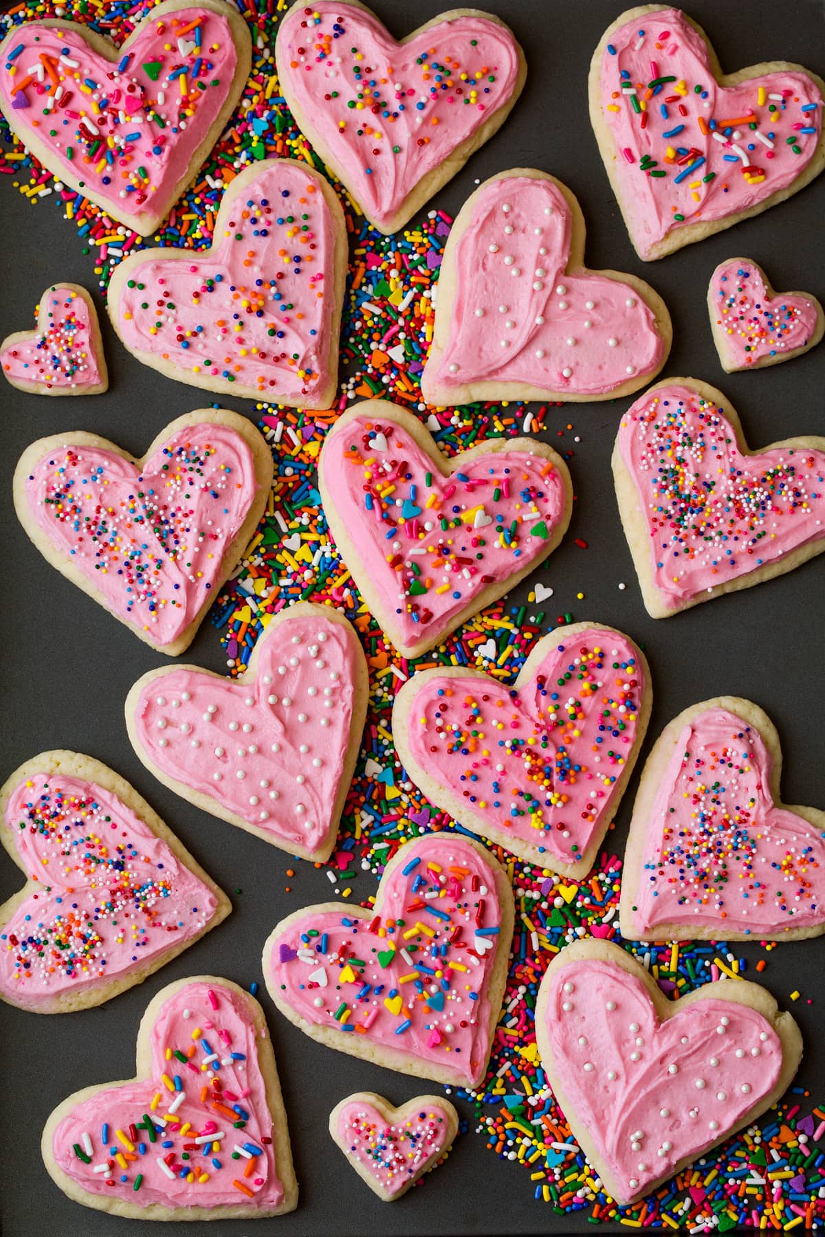 Soft Frosted Sugar Cookies cutout into heart shapes