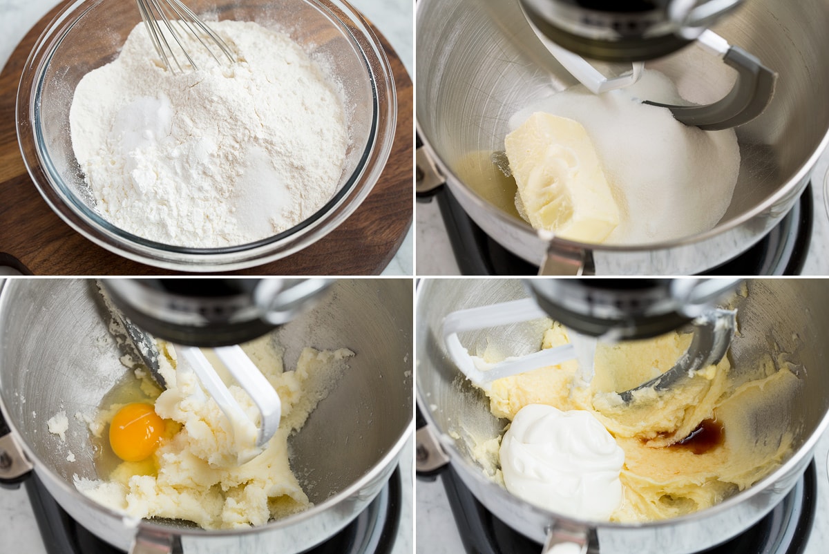 Showing first four steps of making soft frosted sugar cookies.
