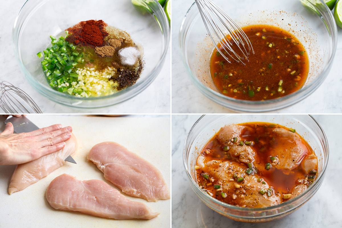 Image showing for steps to preparing chicken marinade, slicing chicken breasts into cutlets and soaking breasts in marinade in a glass bowl.