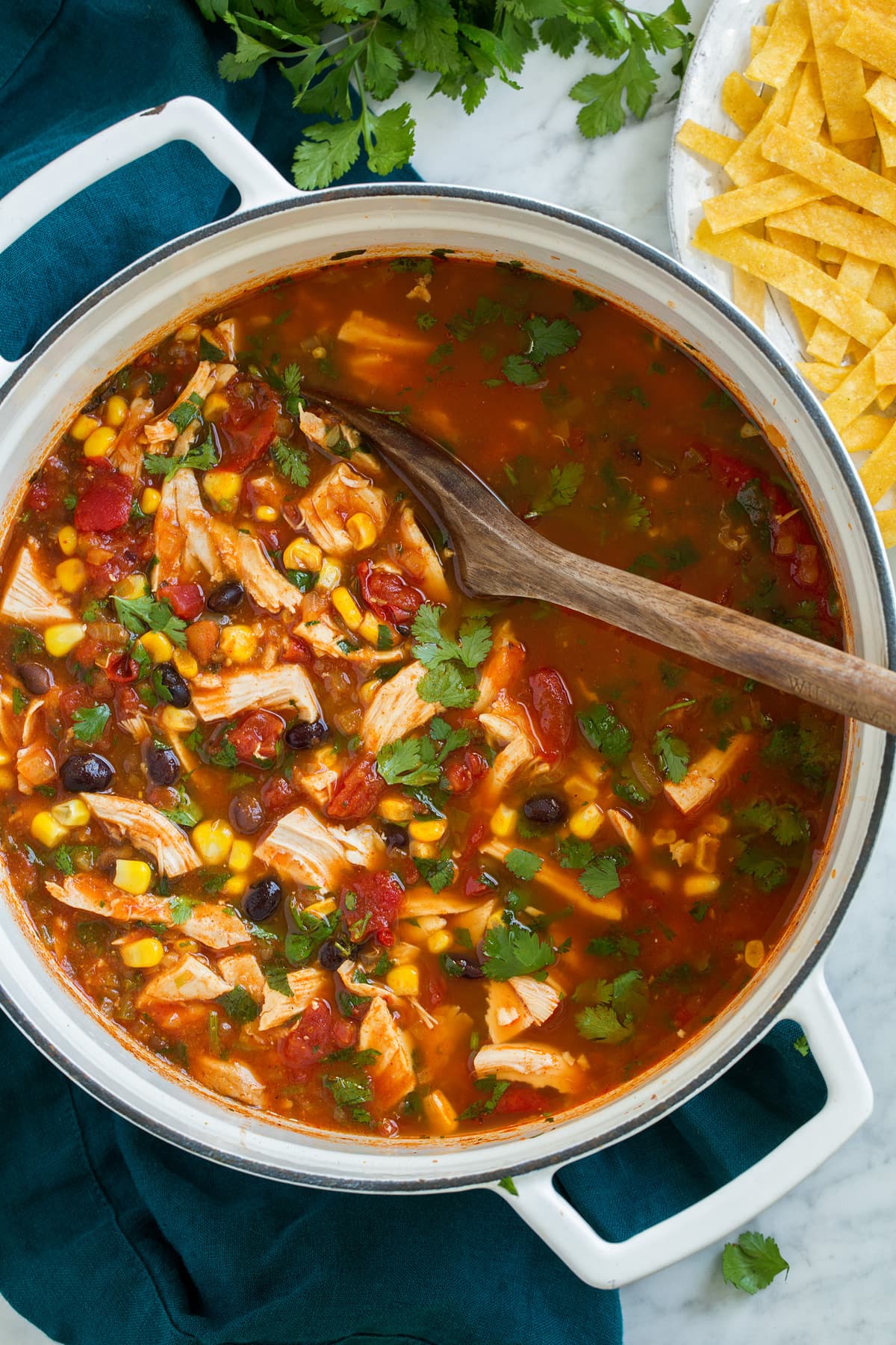 Chicken Tortilla Soup shown overhead in a large white pot, with corn tortilla strips on the side.