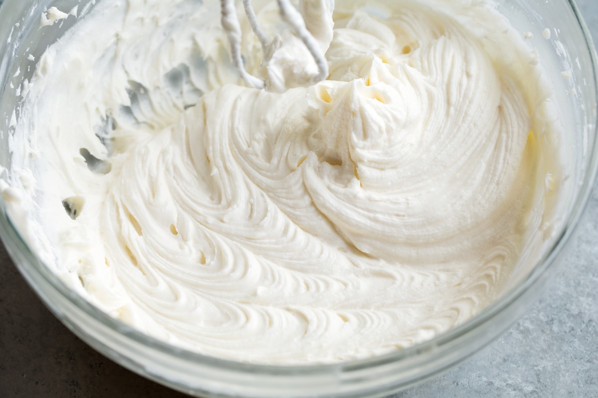 Finished cream cheese frosting in mixing bowl.