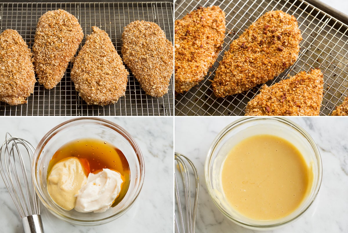 Collage image of 4 steps including coated chicken on baking sheet before and after baking, and honey mustard before and after mixing.