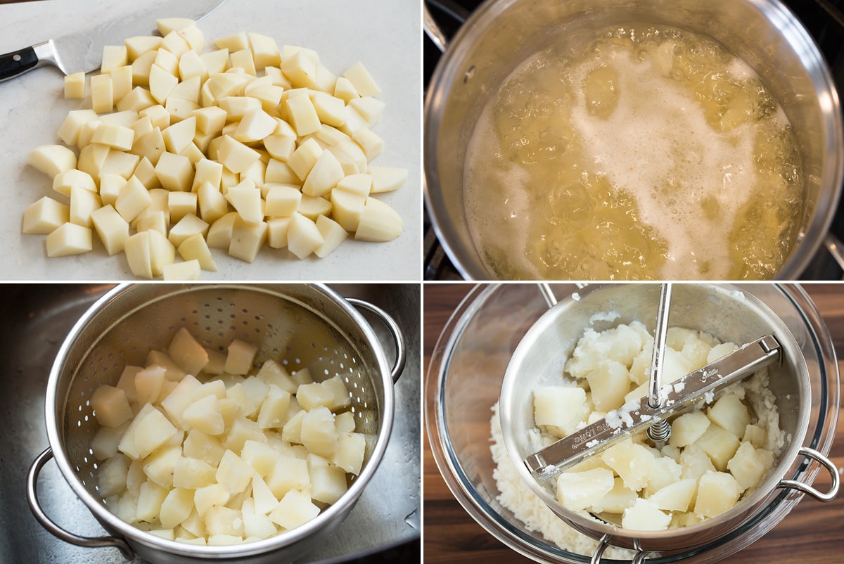 Image of first four steps of making mashed potatoes. Includes dicing peeled potatoes, boiling potatoes, draining potatoes and passing potatoes through a food mill (or can be done with a potato ricer).