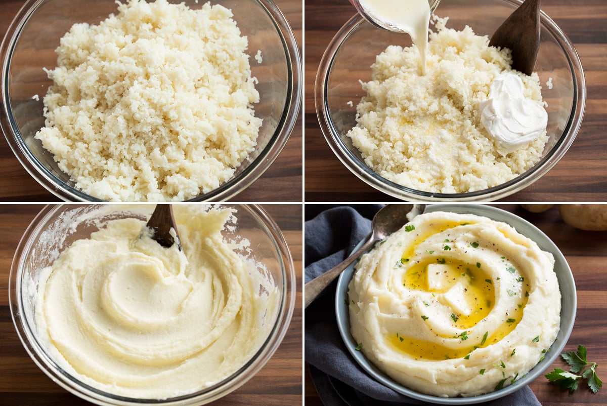 Image showing remaining four steps of making mashed potatoes. Includes potatoes shown after passing through food mill, adding liquid ingredients, blending and topping with butter.