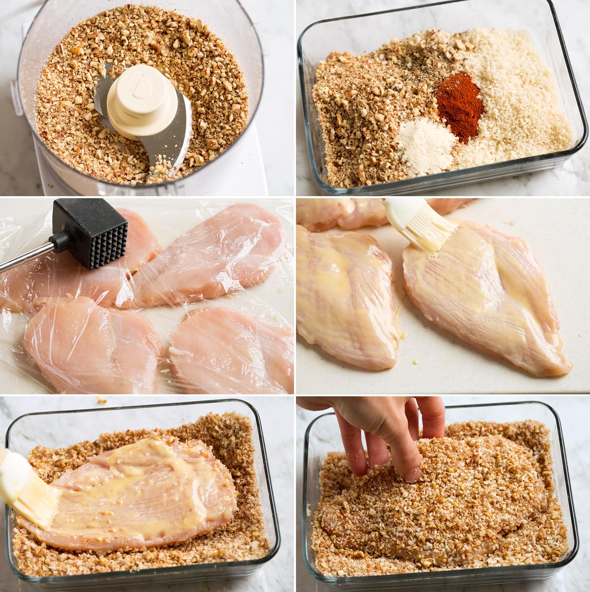 Collage image of 6 photos showing steps to coating chicken with honey mustard and pecan panko crumbs.