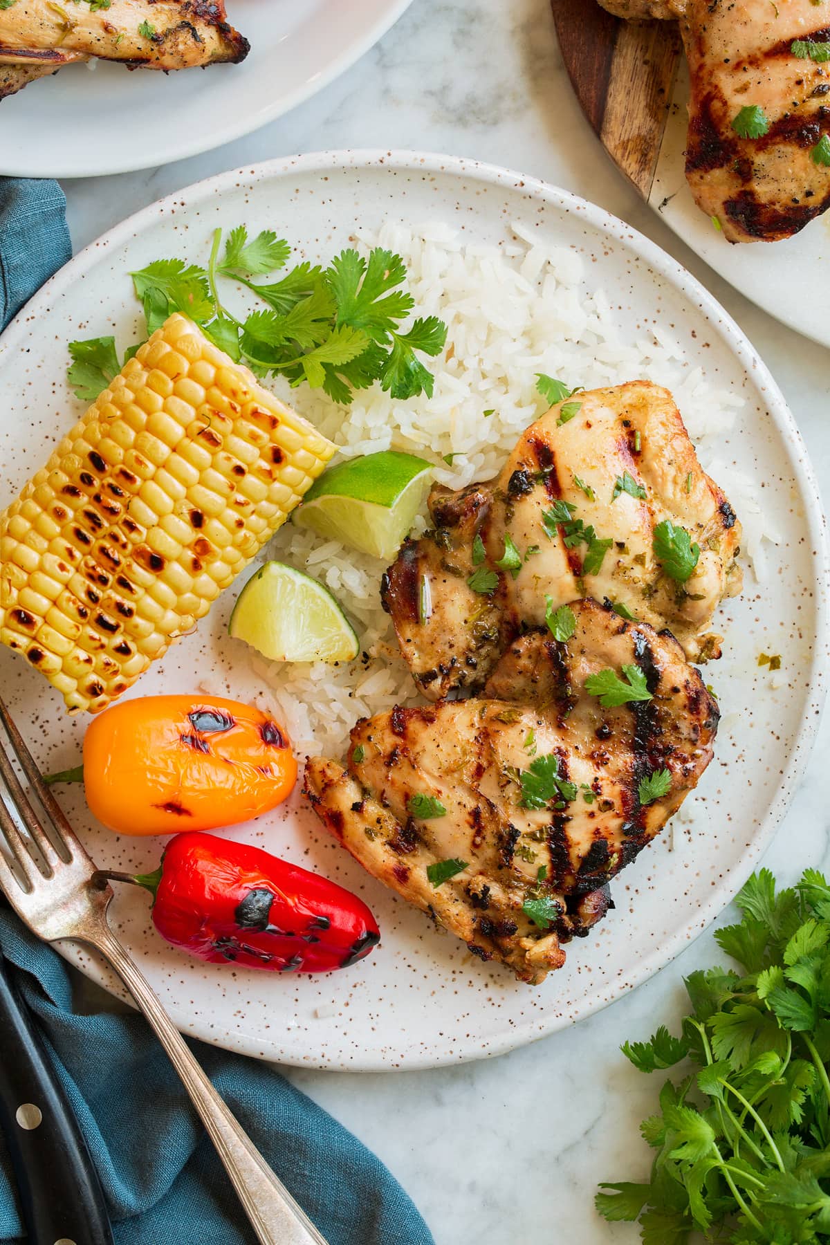 Serving suggestion shown for cilantro lime chicken thighs. Includes the thigh on a plate with a side of grilled peppers, corn and coconut rice.