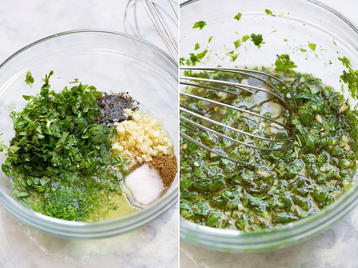 Double image of cilantro lime marinade shown before and after mixing.