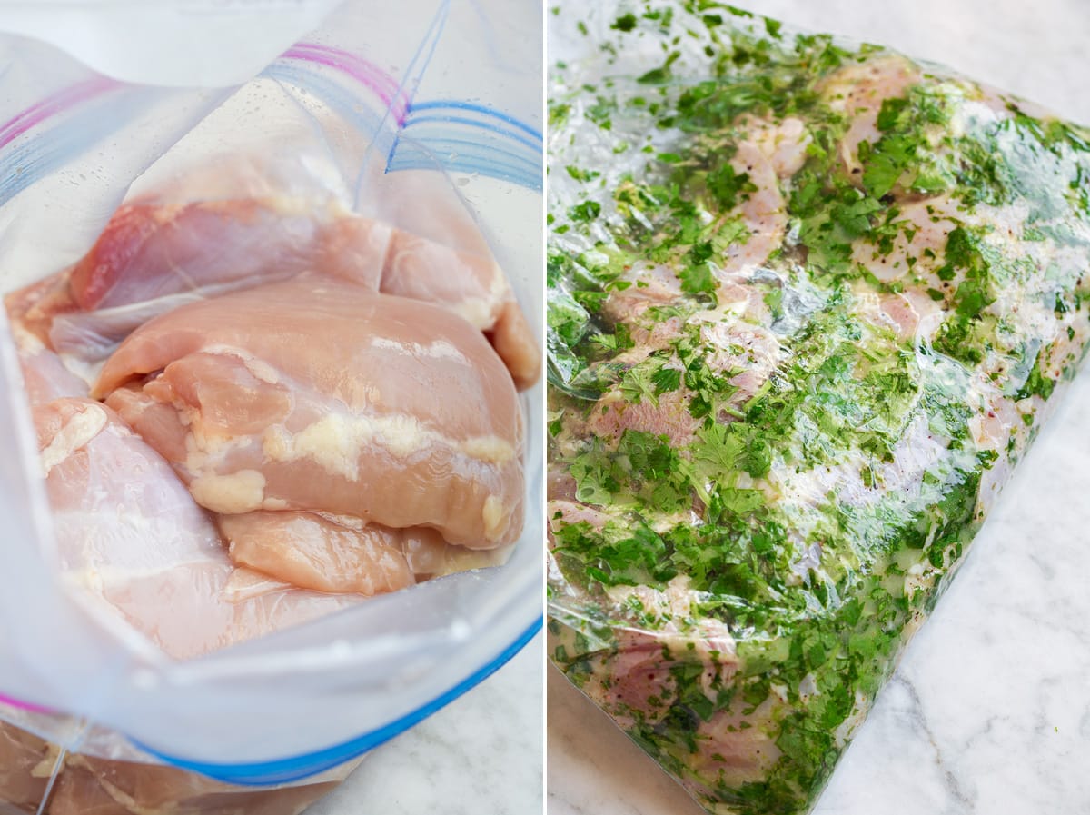 Chicken thighs shown in a resealable bag before and after adding cilantro lime marinade.