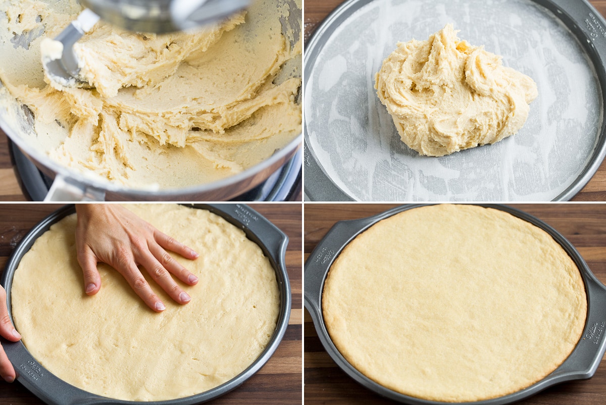 Collage image showing how to press cookie dough into pizza pan, and also showing crust after baking.