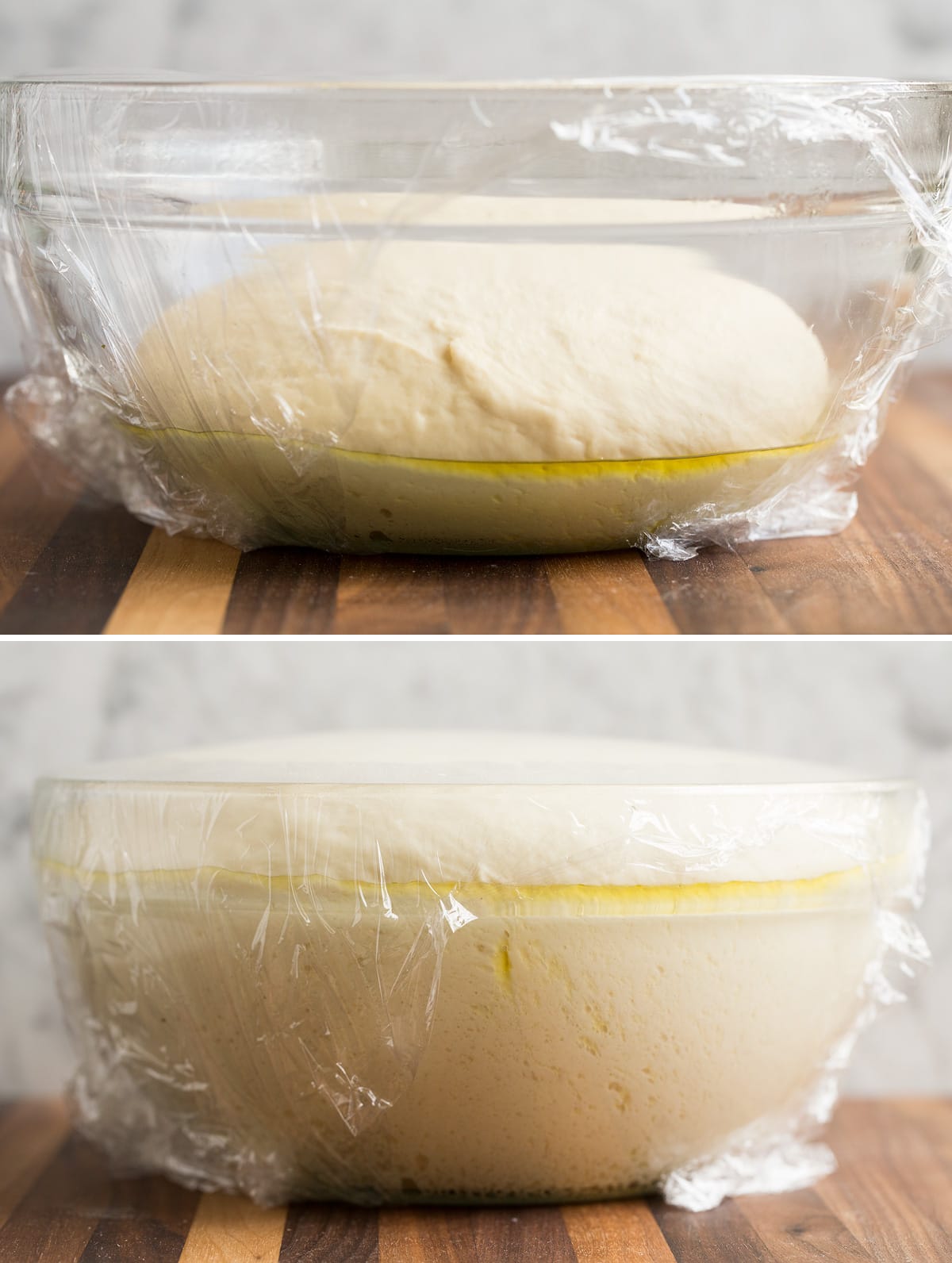 Pizza dough shown in a bowl before and after rising.