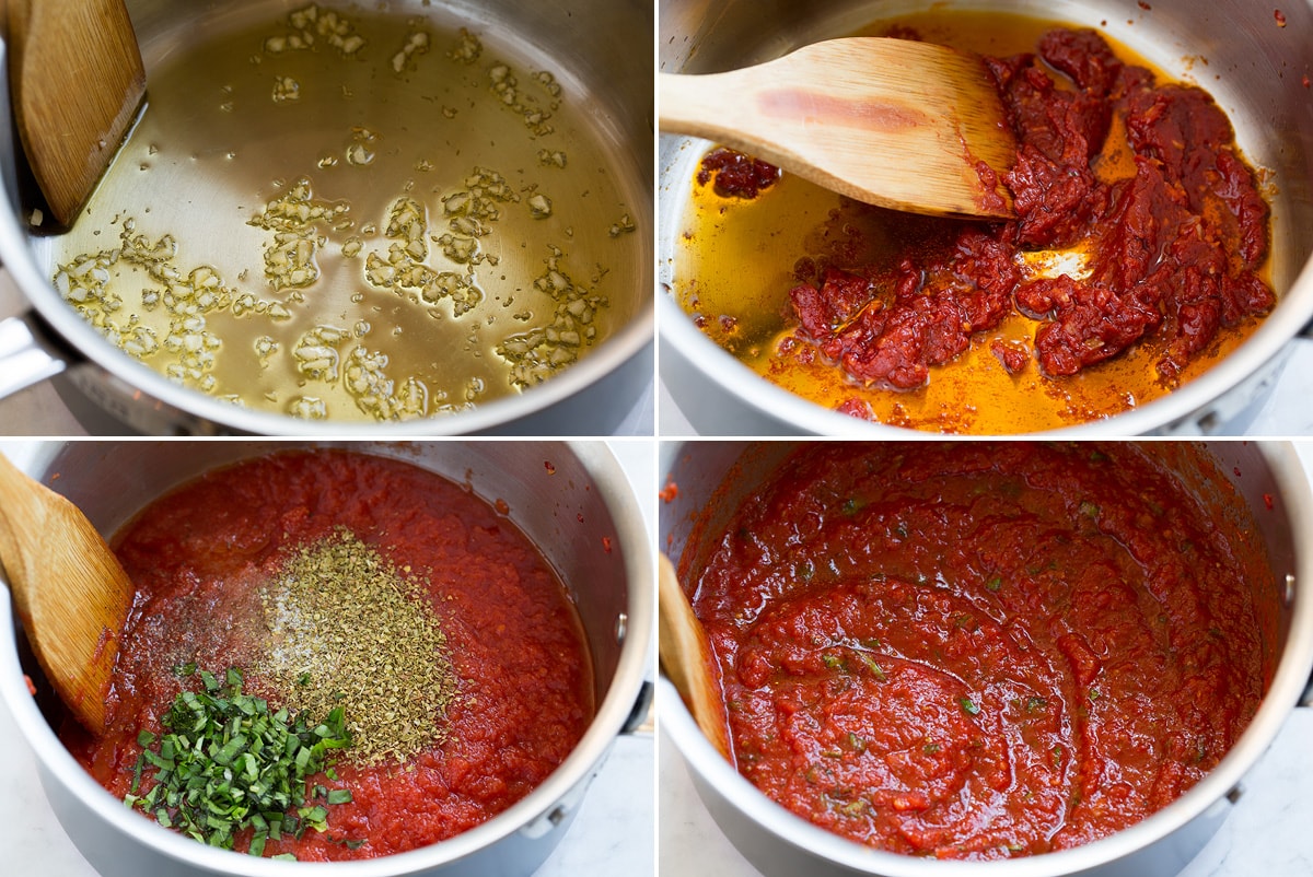 Collage image of steps to make pizza sauce in a saucepan.