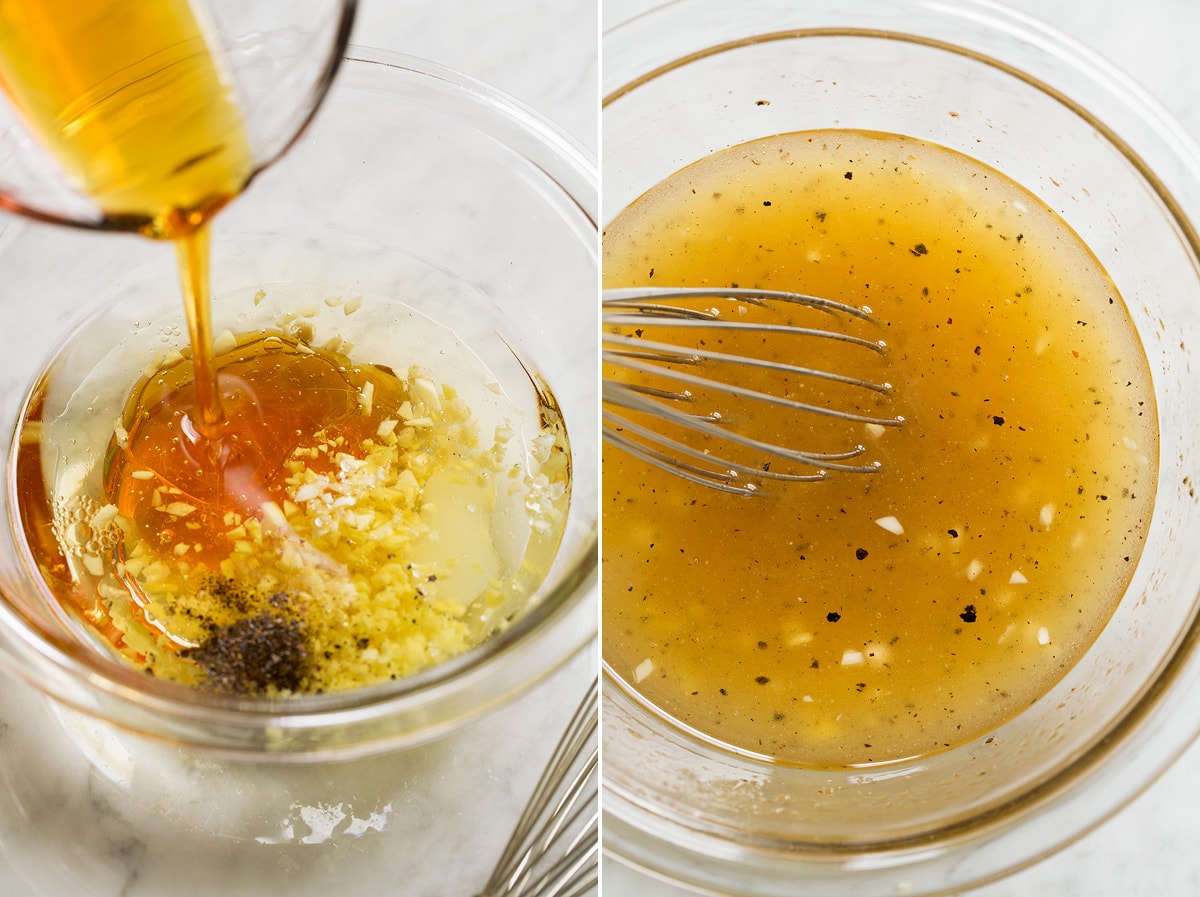 Collage image of asian ramen noodle salad dressing shown before and after mixing in a glass mixing bowl.