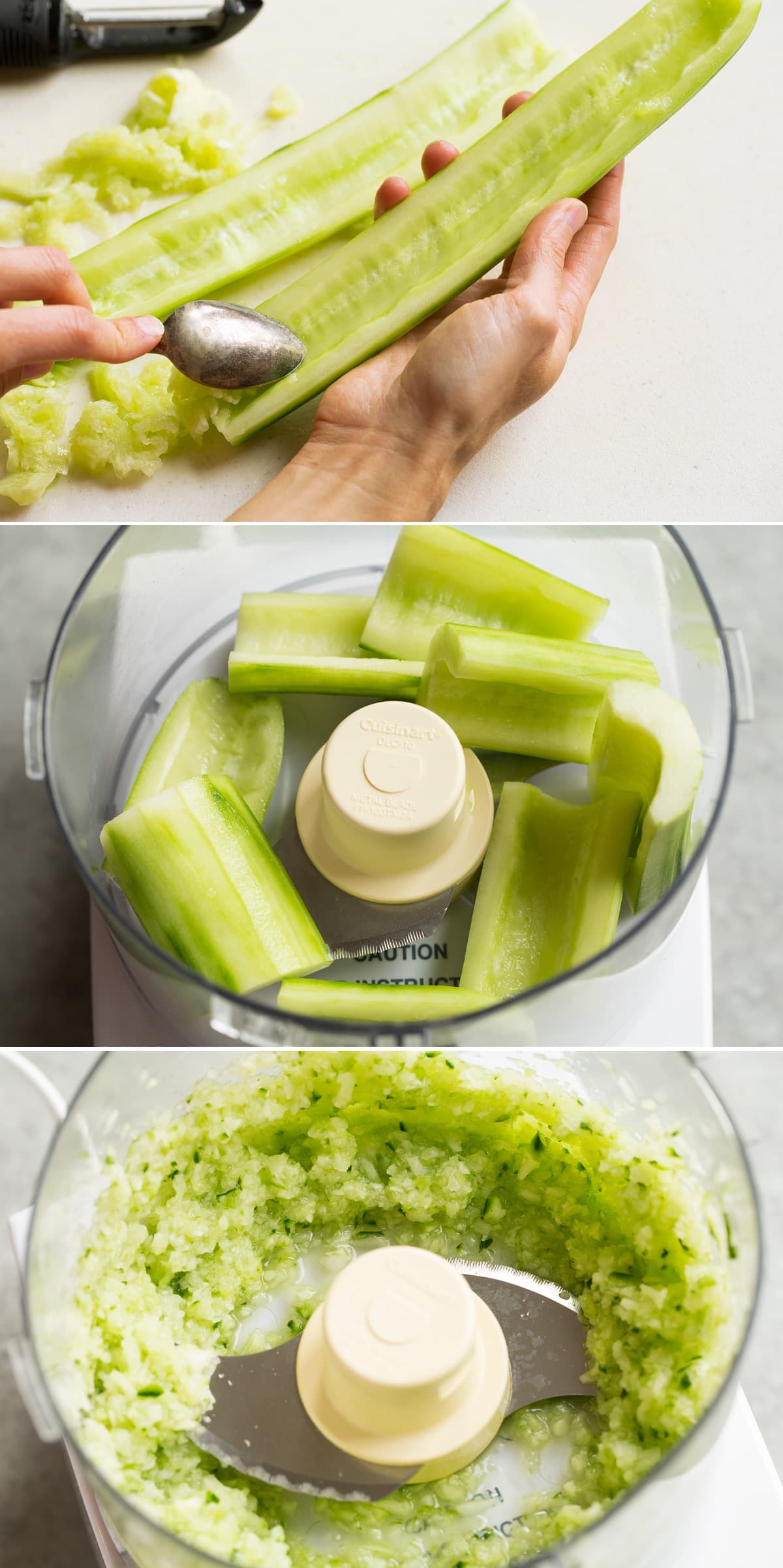 Collage image showing three steps to prepare cucumber for tzatziki sauce. Shows removing seeds from cucumber, placing chunks in a food processor and cucumbers after being minced in processor.