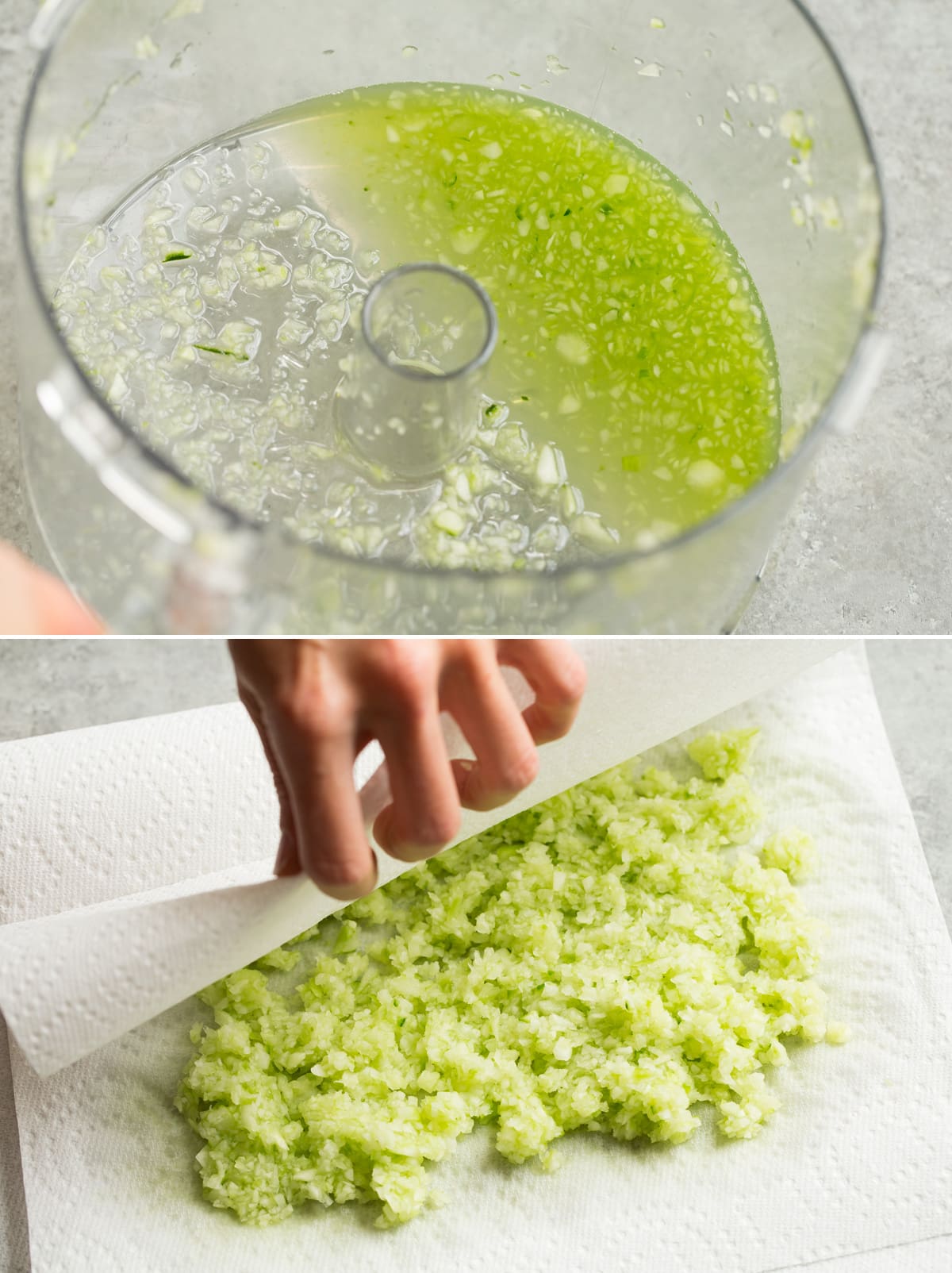 Image showing cucumber juice to leave behind in food processor, and straining cucumbers to remove liquid on paper towels.
