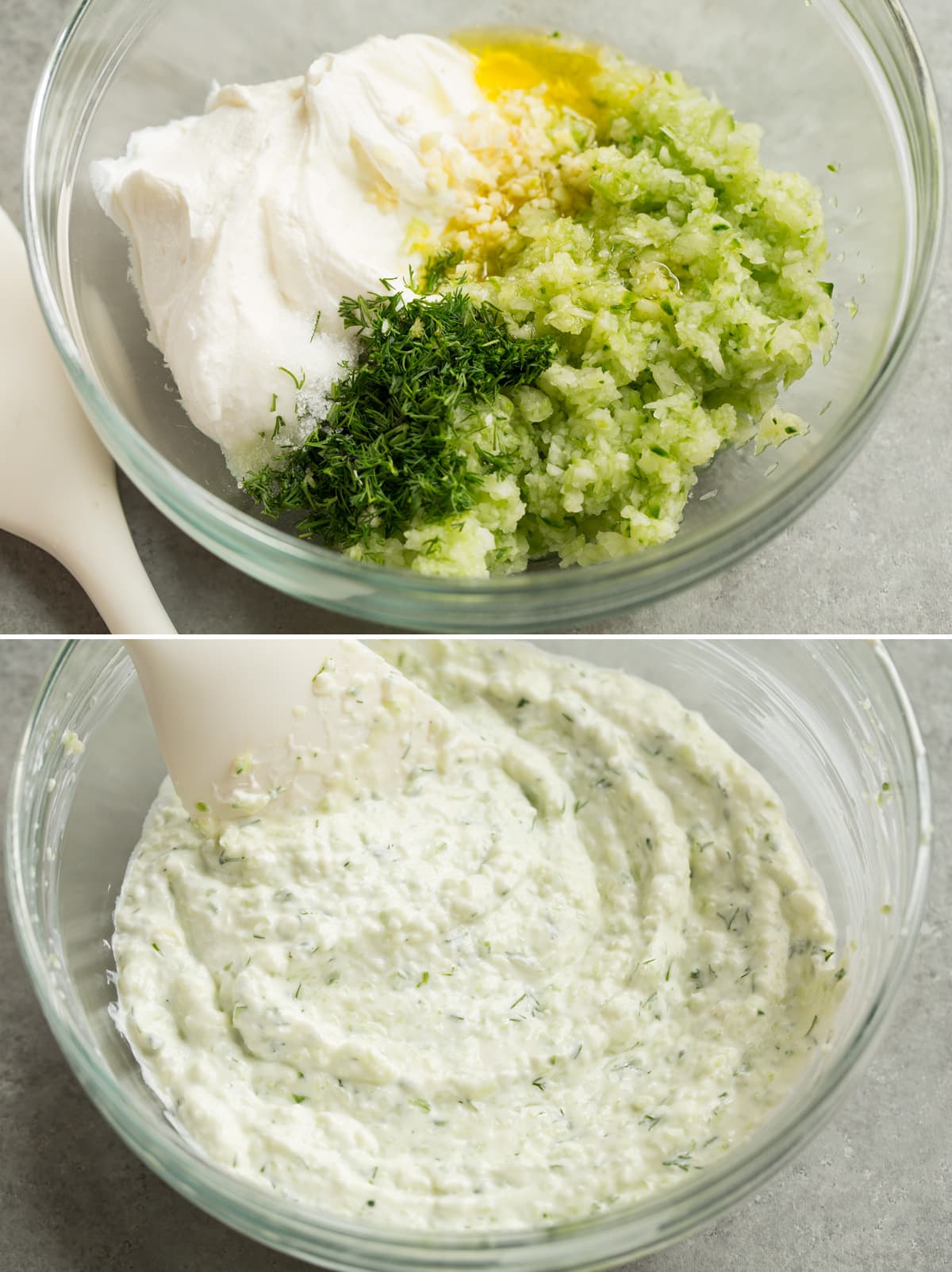 Tzatziki sauce ingredients shown in a mixing bowl before and after blending.